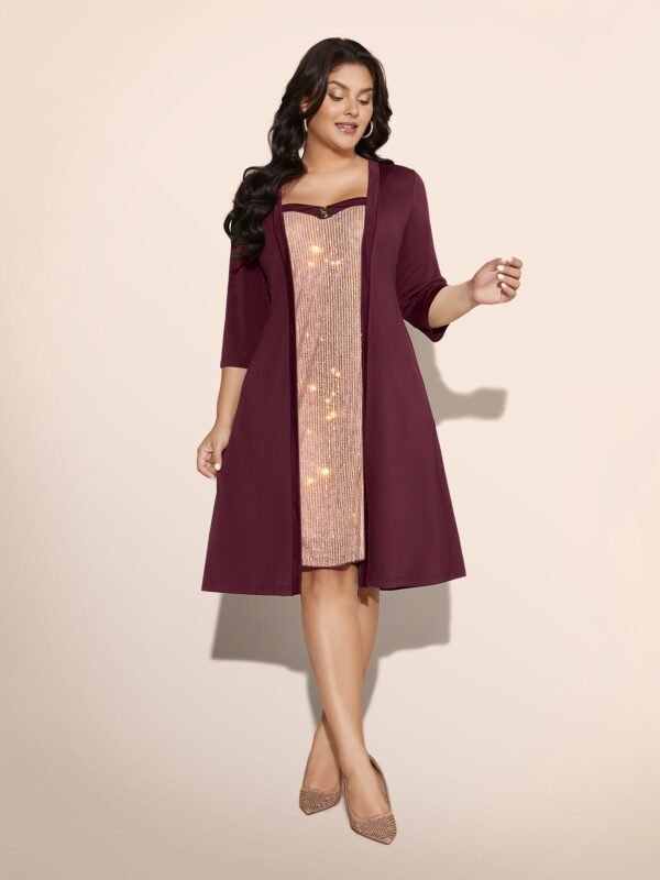 Heart Neckline Patchwork Sequin Button Detail Dress - Image 37