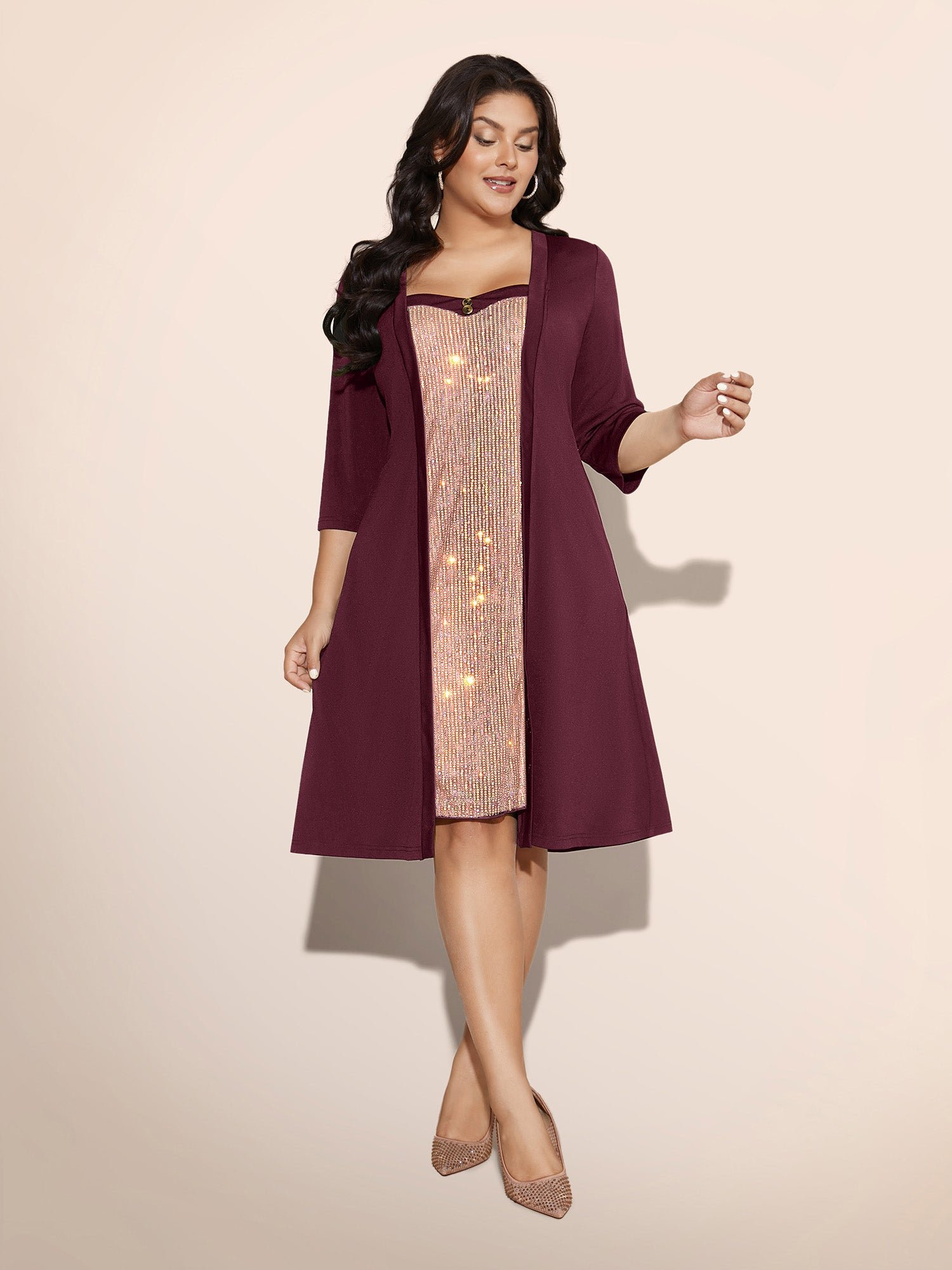 Heart Neckline Patchwork Sequin Button Detail Dress - Image 37