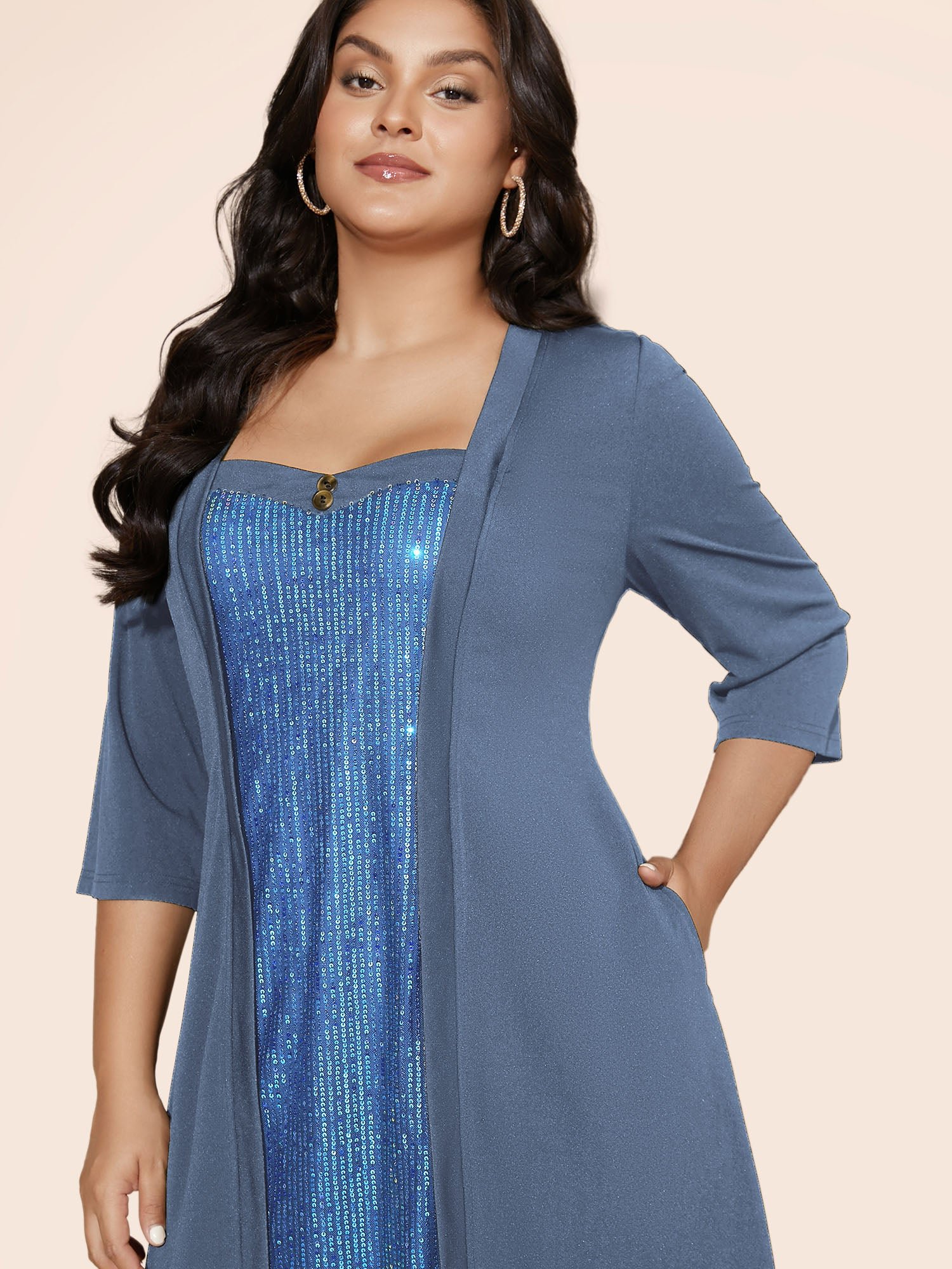 Heart Neckline Patchwork Sequin Button Detail Dress - Image 47