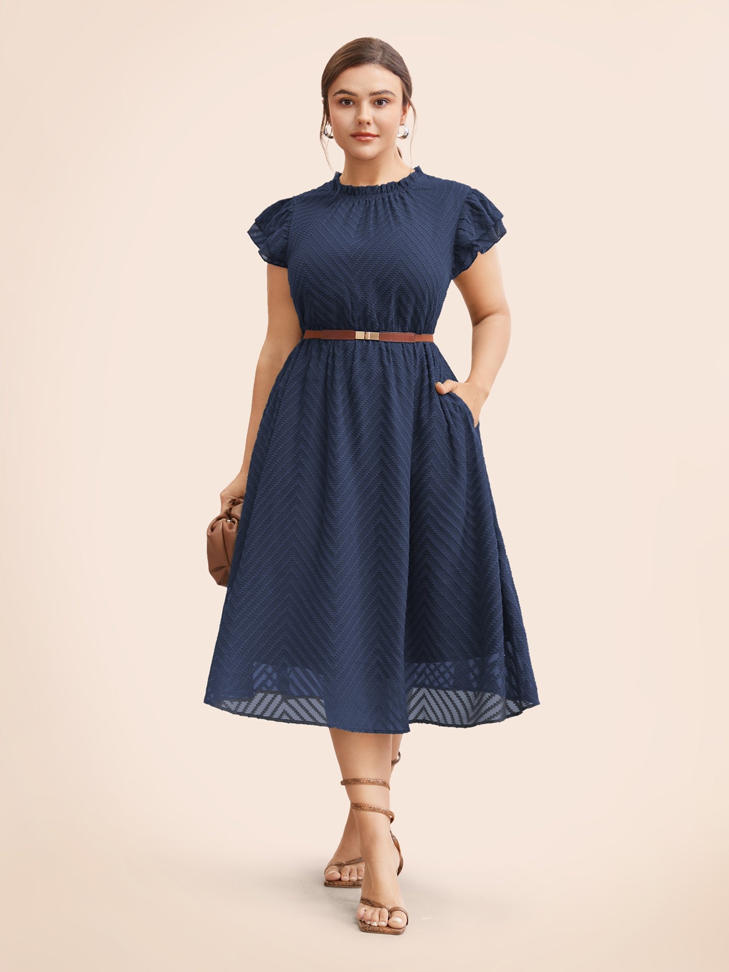Plain Geometric Layered Sleeve Pocket Ruffle Mock Neck Dress - Image 9