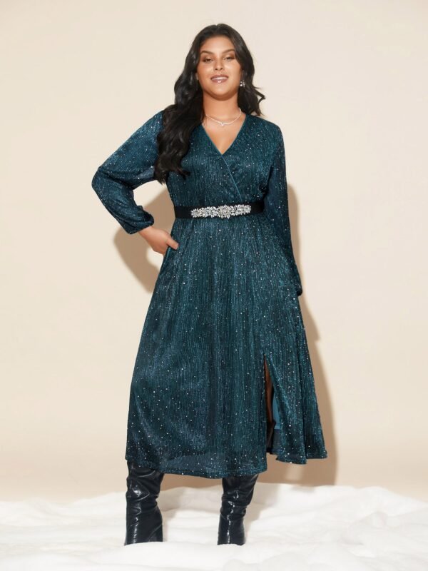Stretchy Gold Foil Surplice Neckline Midi Dress - Image 9