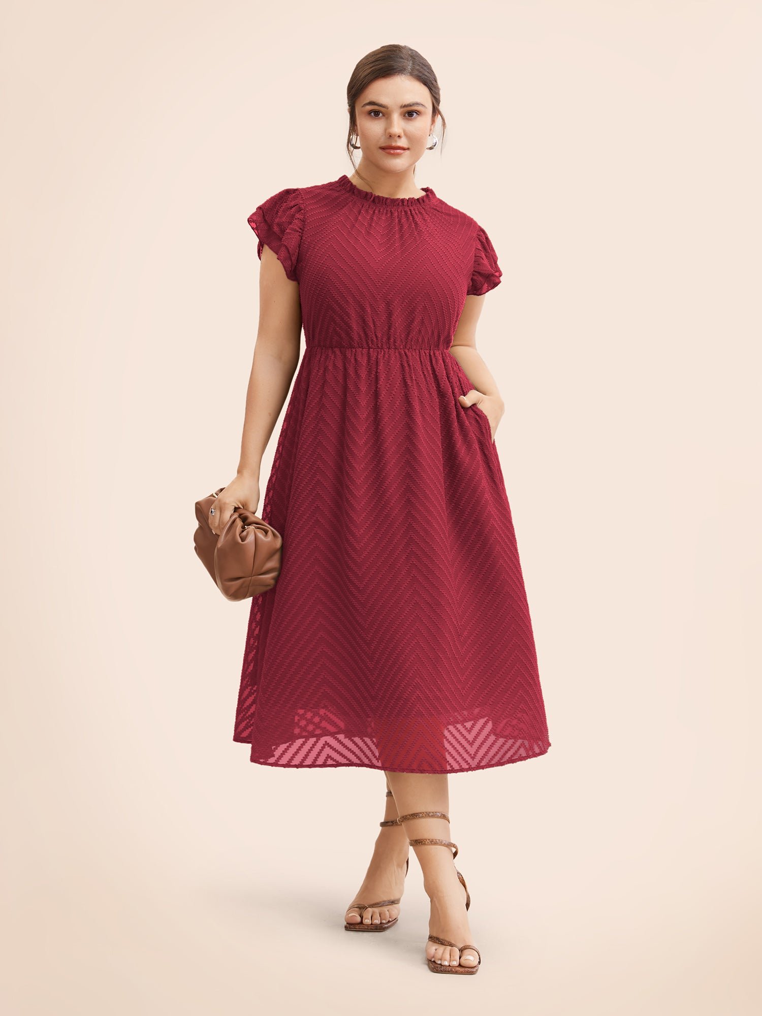 Plain Geometric Layered Sleeve Pocket Ruffle Mock Neck Dress - Image 22