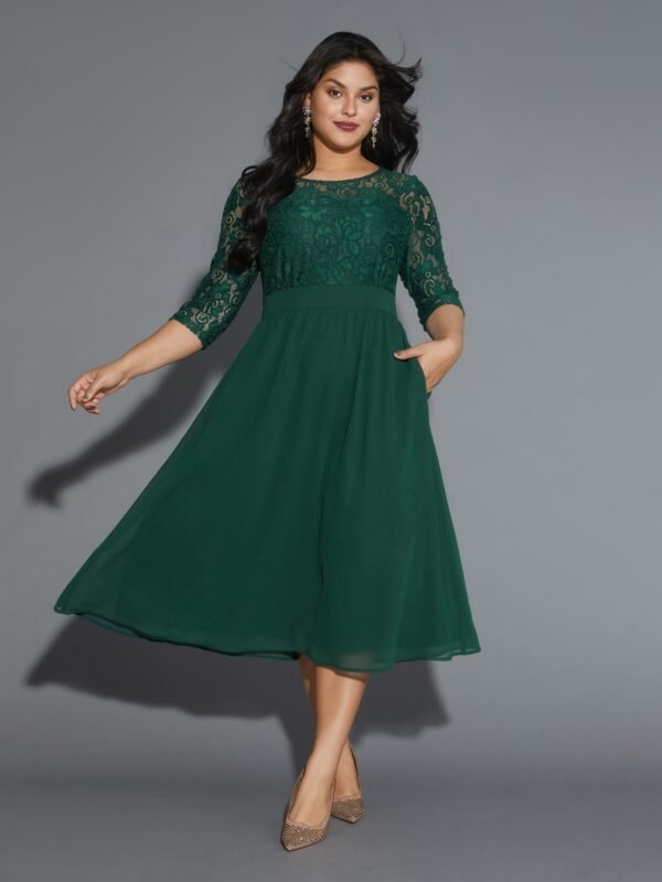 Lace Patchwork Shirred Midi Pocket Dress - Image 24