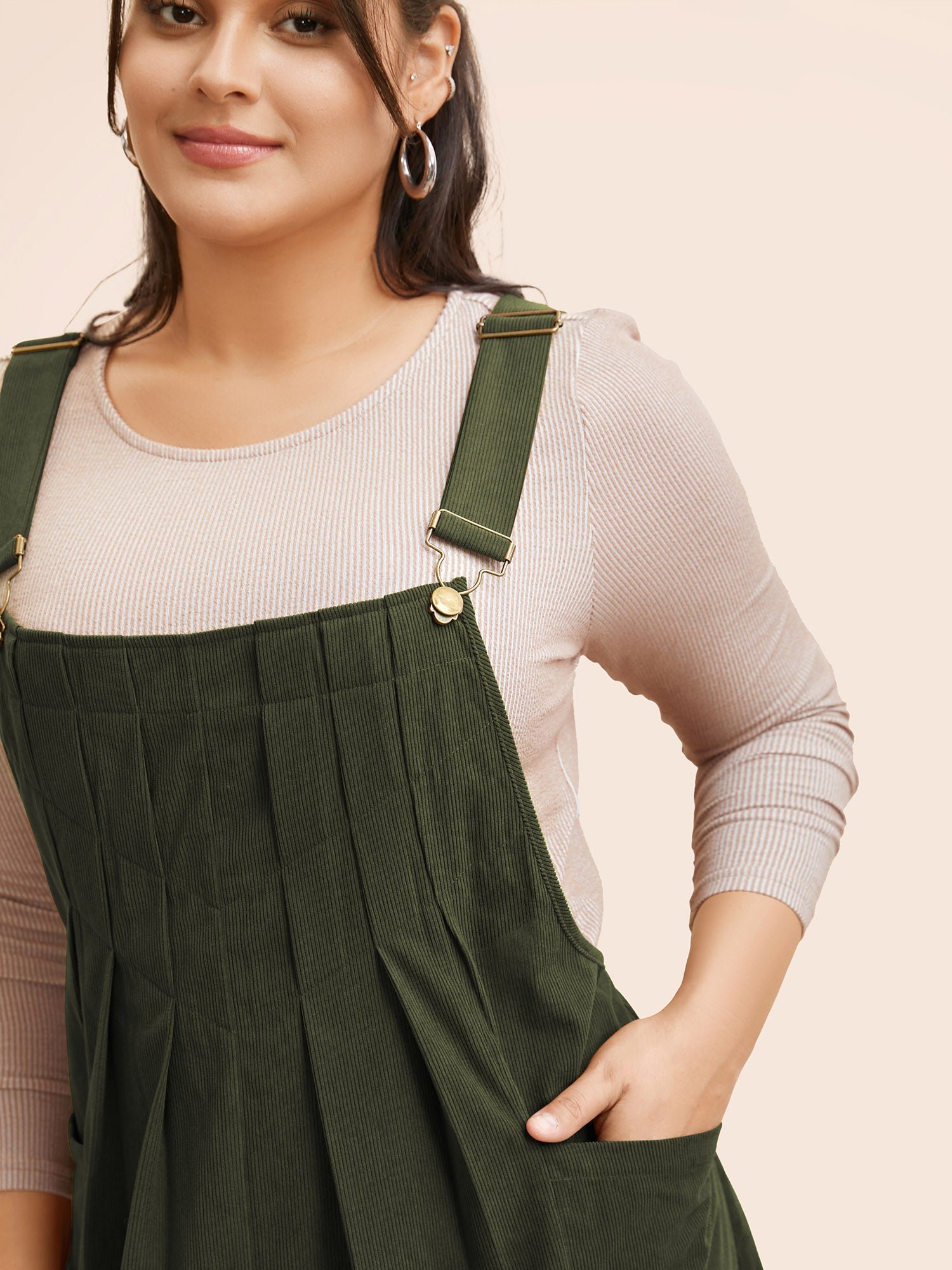 Solid Corduroy Pleated Overall Dress - Image 3