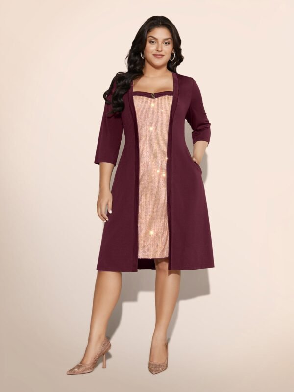 Heart Neckline Patchwork Sequin Button Detail Dress - Image 38