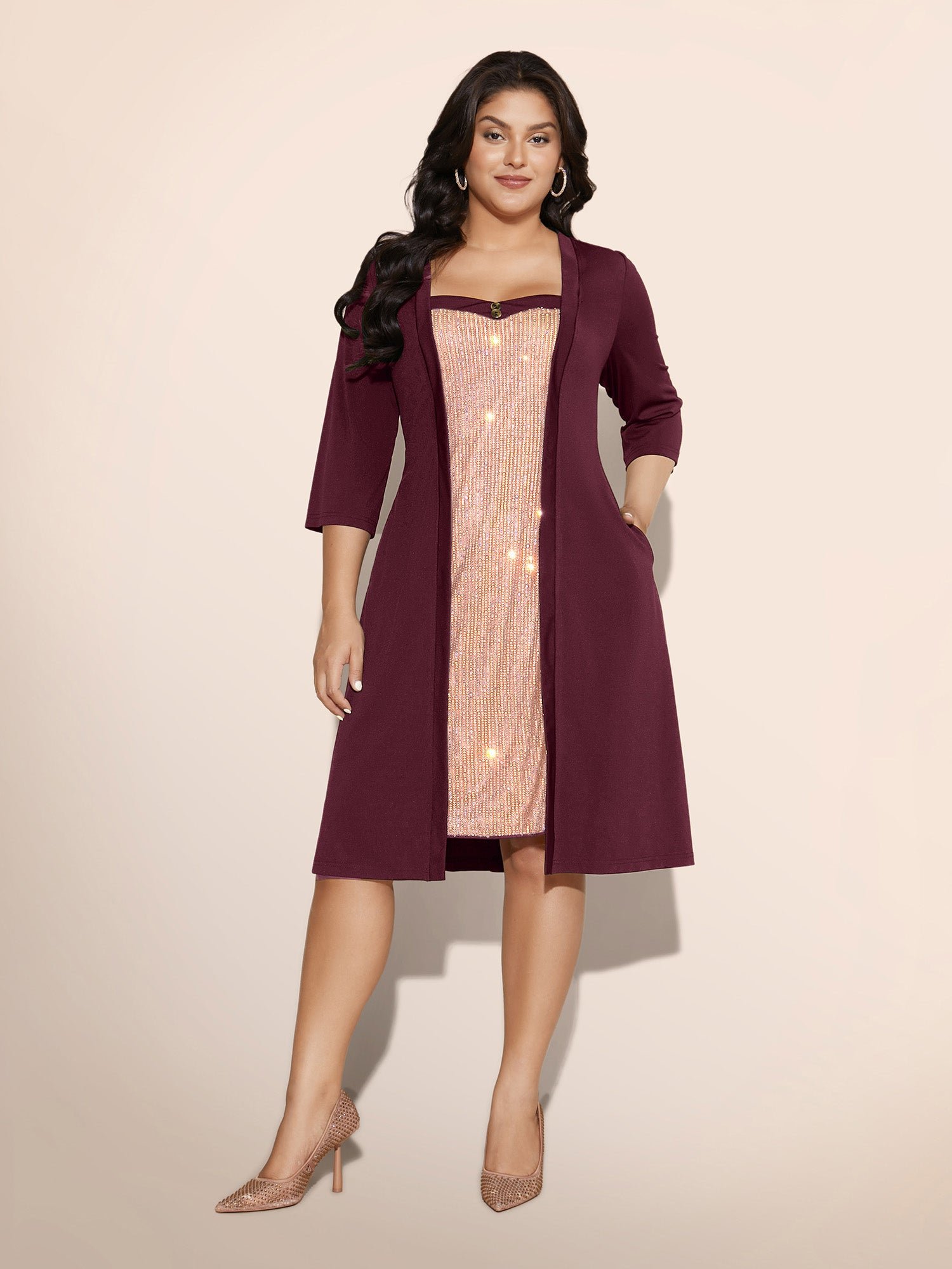 Heart Neckline Patchwork Sequin Button Detail Dress - Image 38
