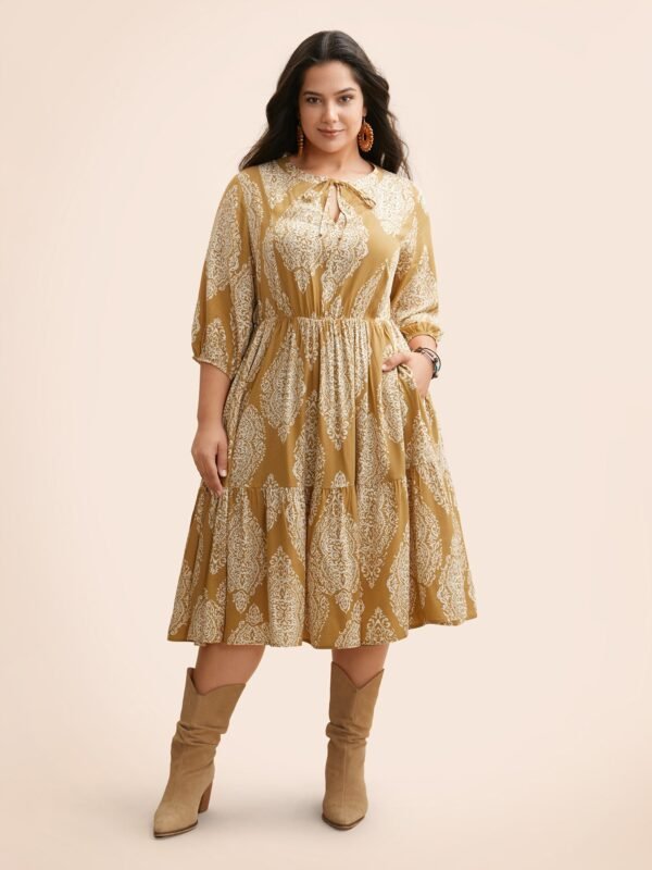 Boho Print Tie Knot Puff Sleeve Dress - Image 37