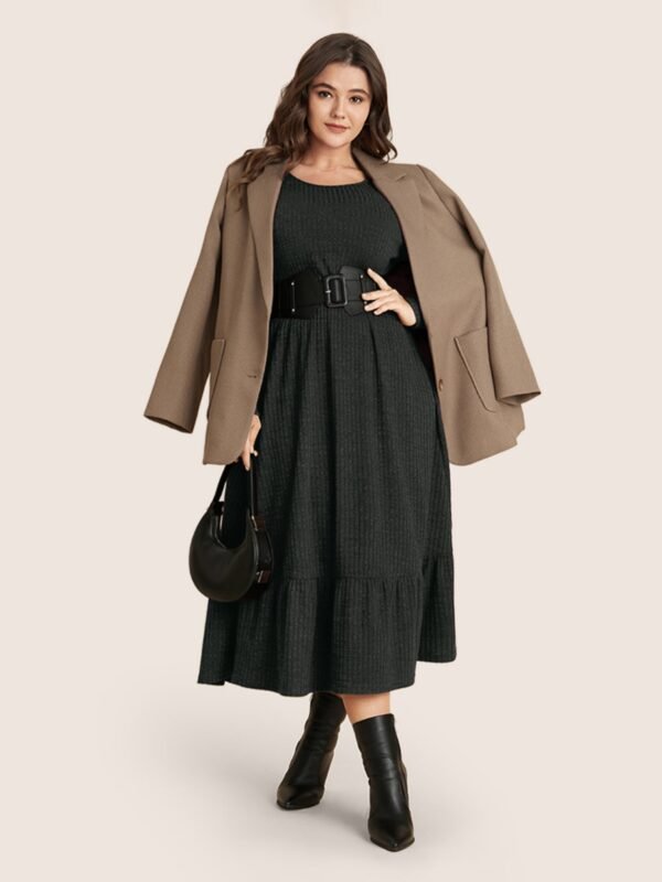 Solid Pocket Rib Knit Ruffle Hem Dress Without Belt - Image 70