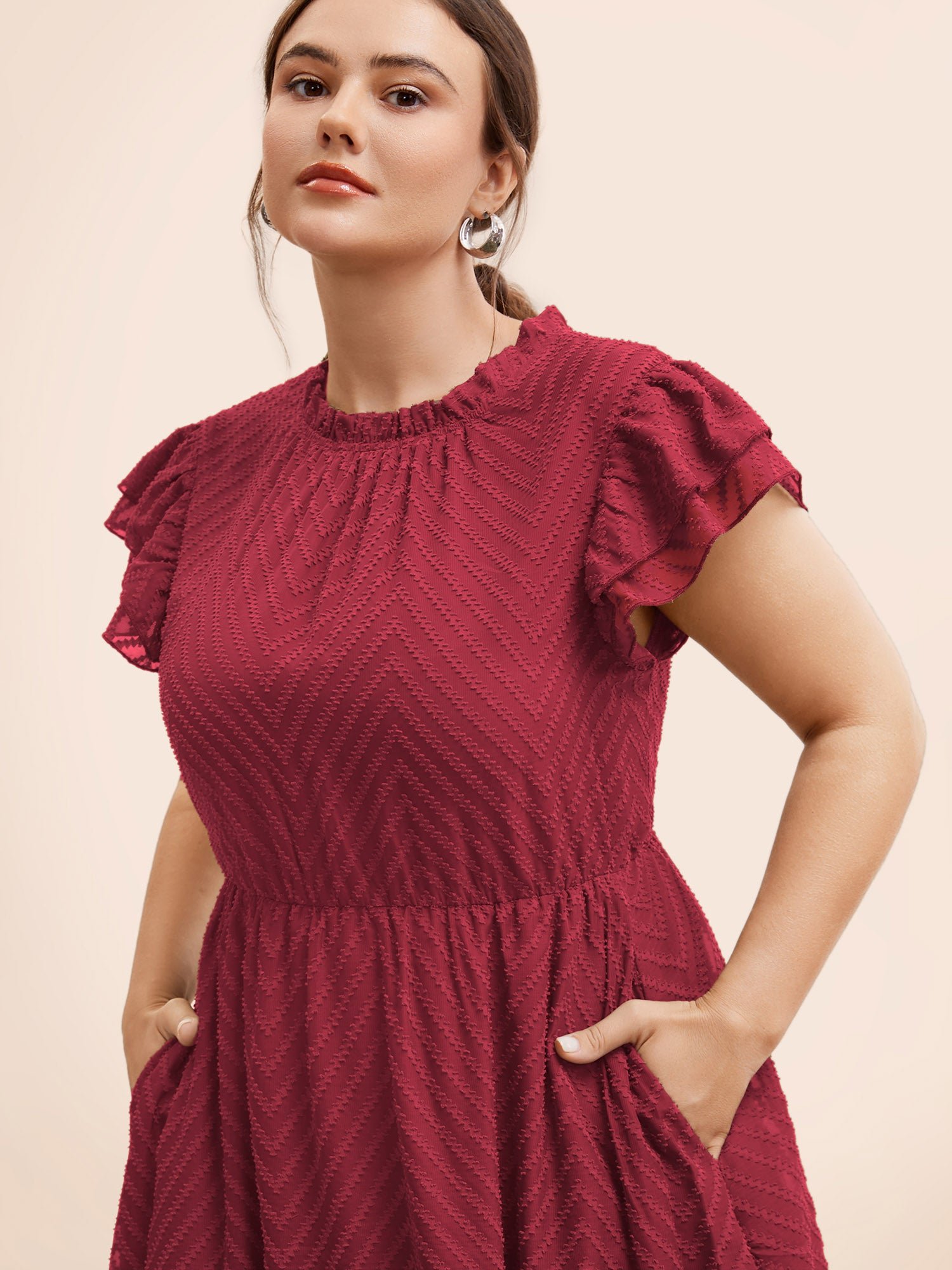 Plain Geometric Layered Sleeve Pocket Ruffle Mock Neck Dress - Image 21