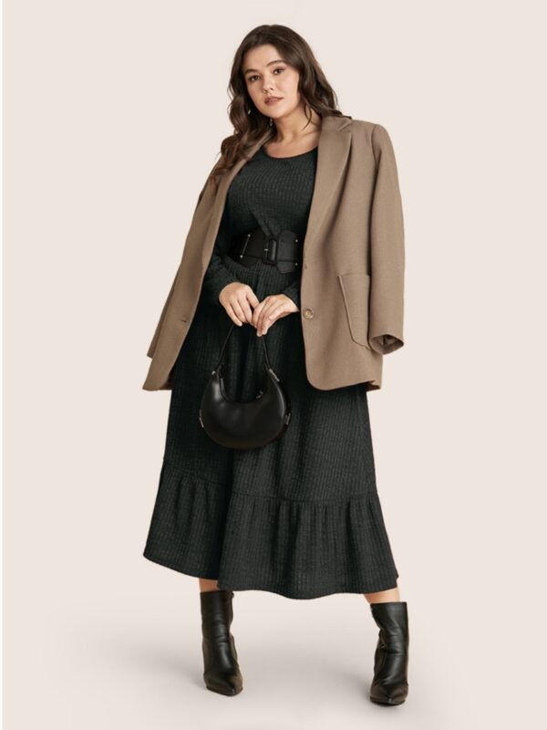 Solid Pocket Rib Knit Ruffle Hem Dress Without Belt - Image 68