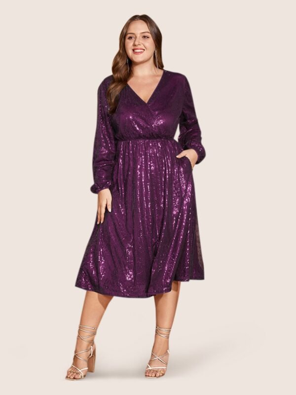 Solid Pocket Lantern Sleeve Wrap Sequin Dress - Image 13