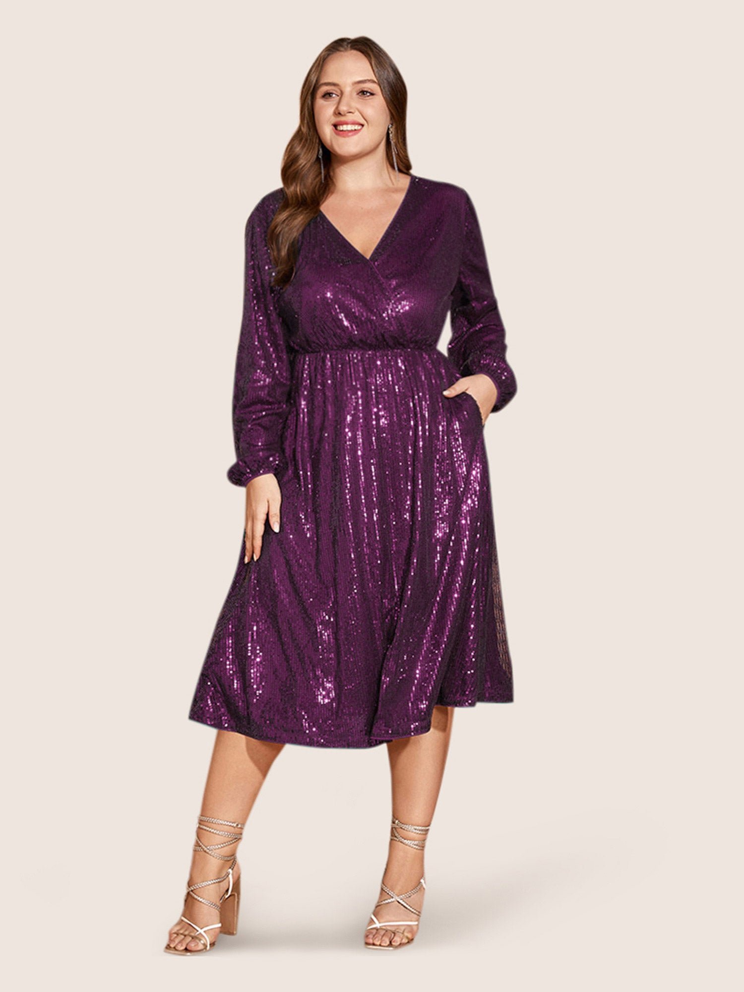 Solid Pocket Lantern Sleeve Wrap Sequin Dress - Image 13