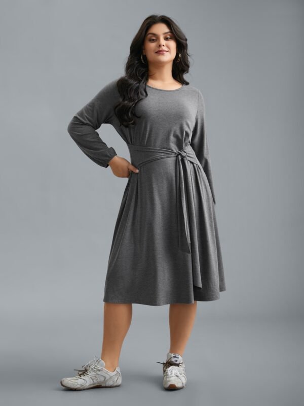 Stretchy Waist-Tie Plain Knit Dress - Image 4