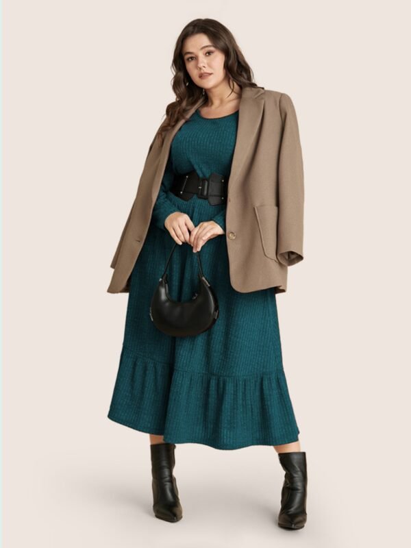 Solid Pocket Rib Knit Ruffle Hem Dress Without Belt - Image 17