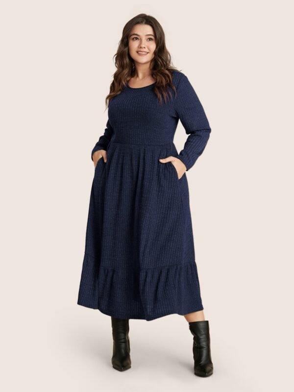 Solid Pocket Rib Knit Ruffle Hem Dress Without Belt - Image 40