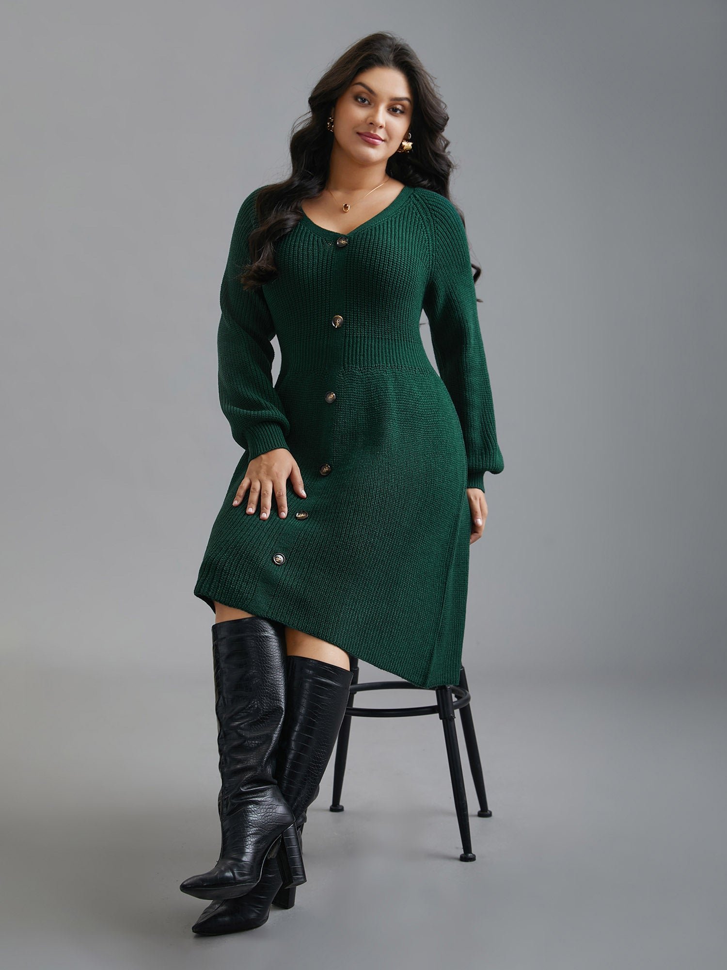 Raglan Sleeve Textured Button Detailing Dress - Image 4