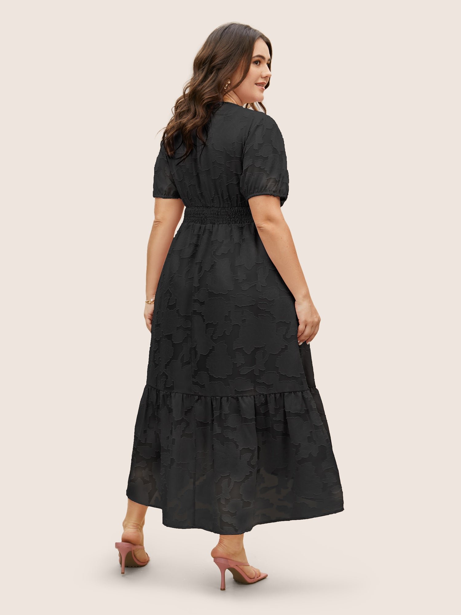 Solid Textured Lantern Sleeve Button Detail Dress - Image 8