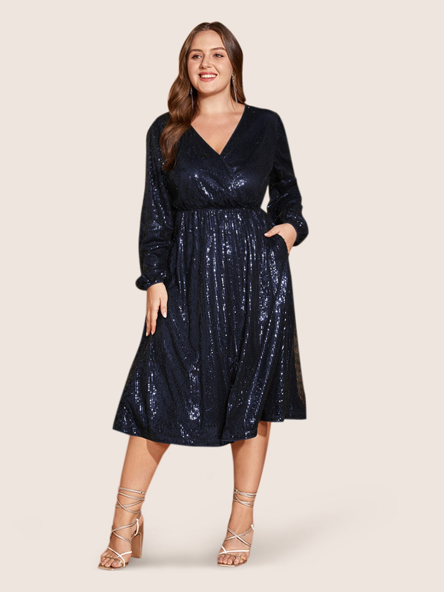 Solid Pocket Lantern Sleeve Wrap Sequin Dress - Image 25