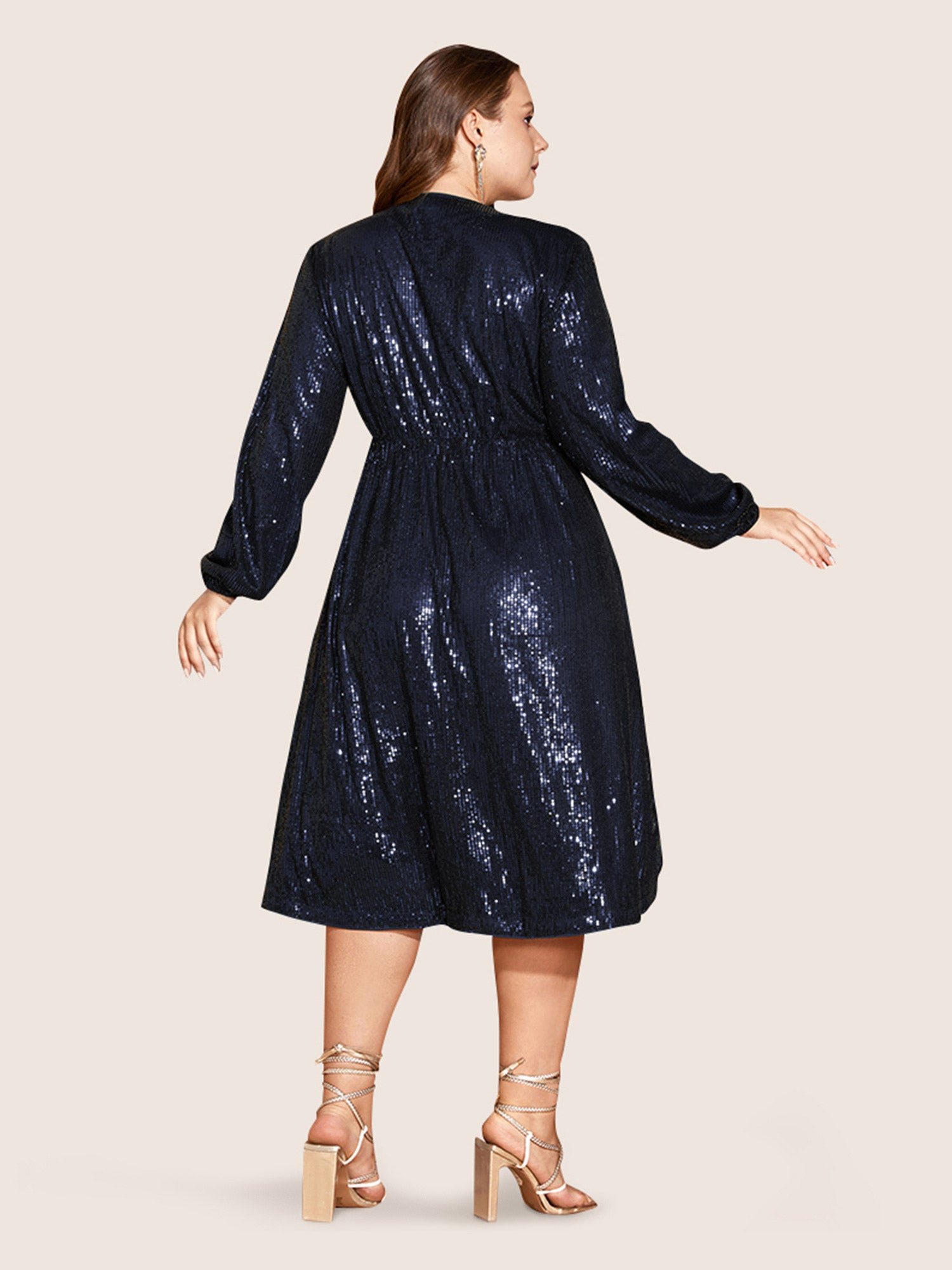 Solid Pocket Lantern Sleeve Wrap Sequin Dress - Image 28