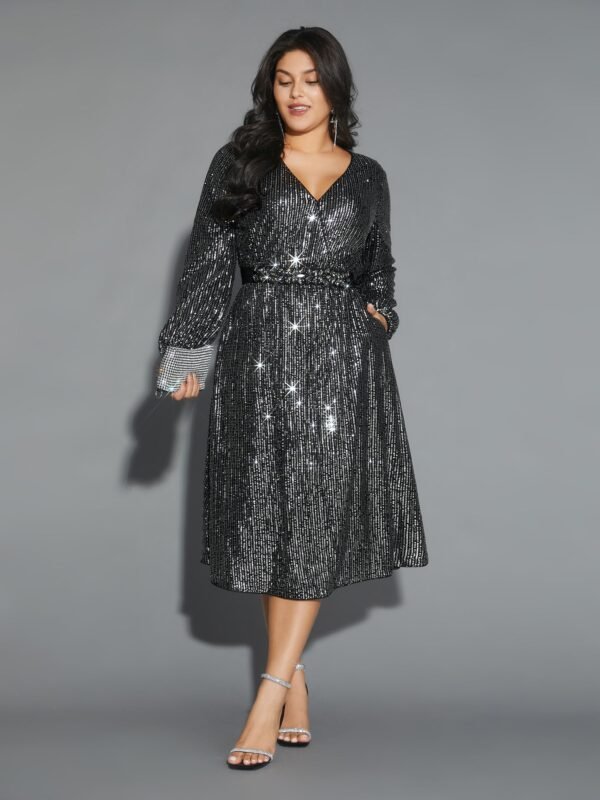 Solid Pocket Lantern Sleeve Wrap Sequin Dress - Image 9