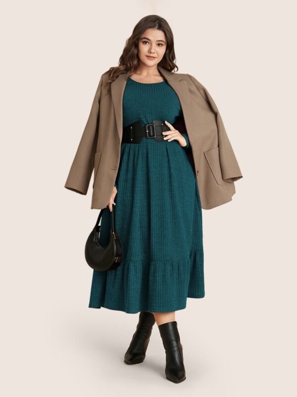 Solid Pocket Rib Knit Ruffle Hem Dress Without Belt - Image 19