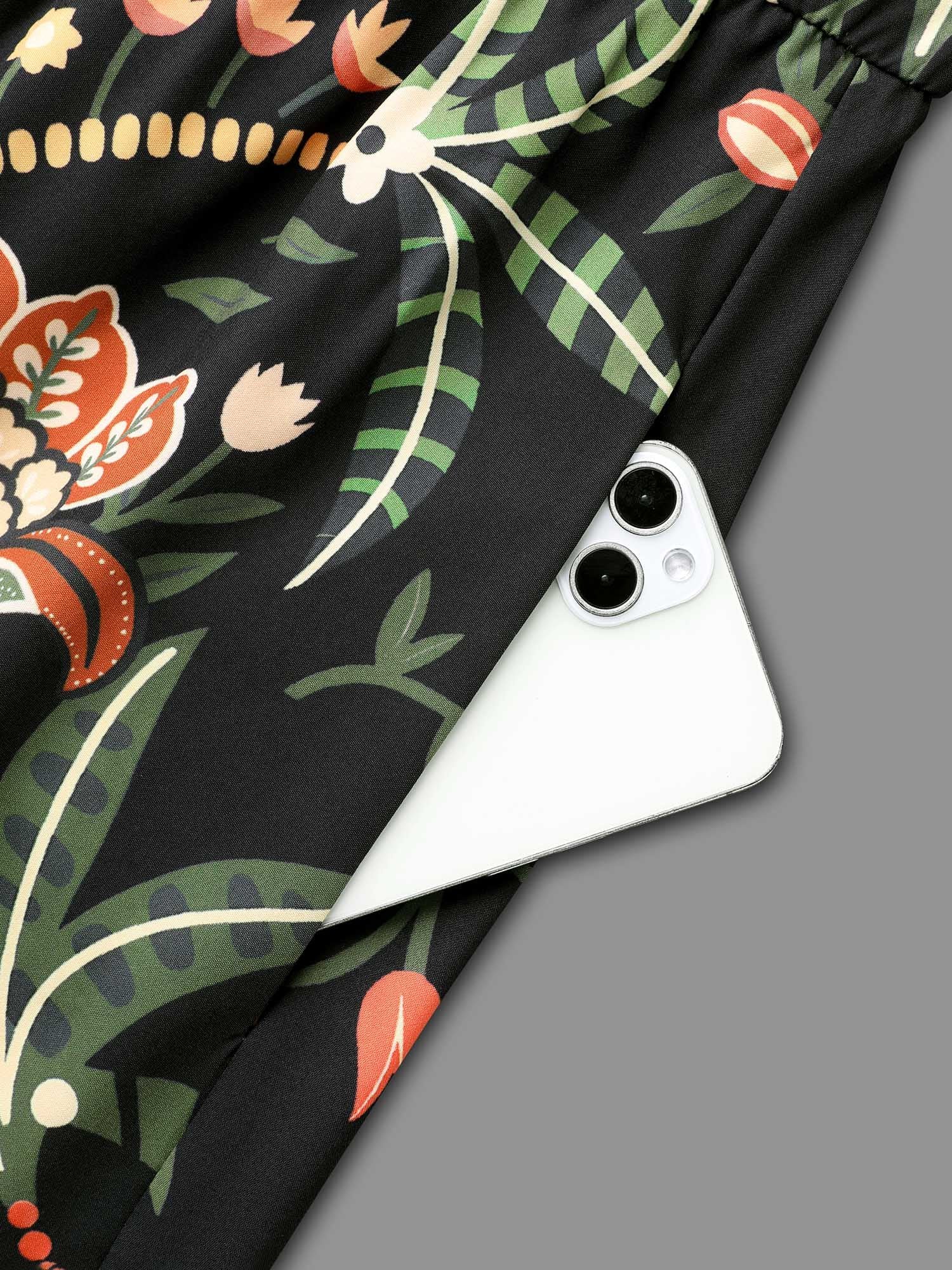 Floral Print Notched Collar Elastic Waist Dress - Image 5