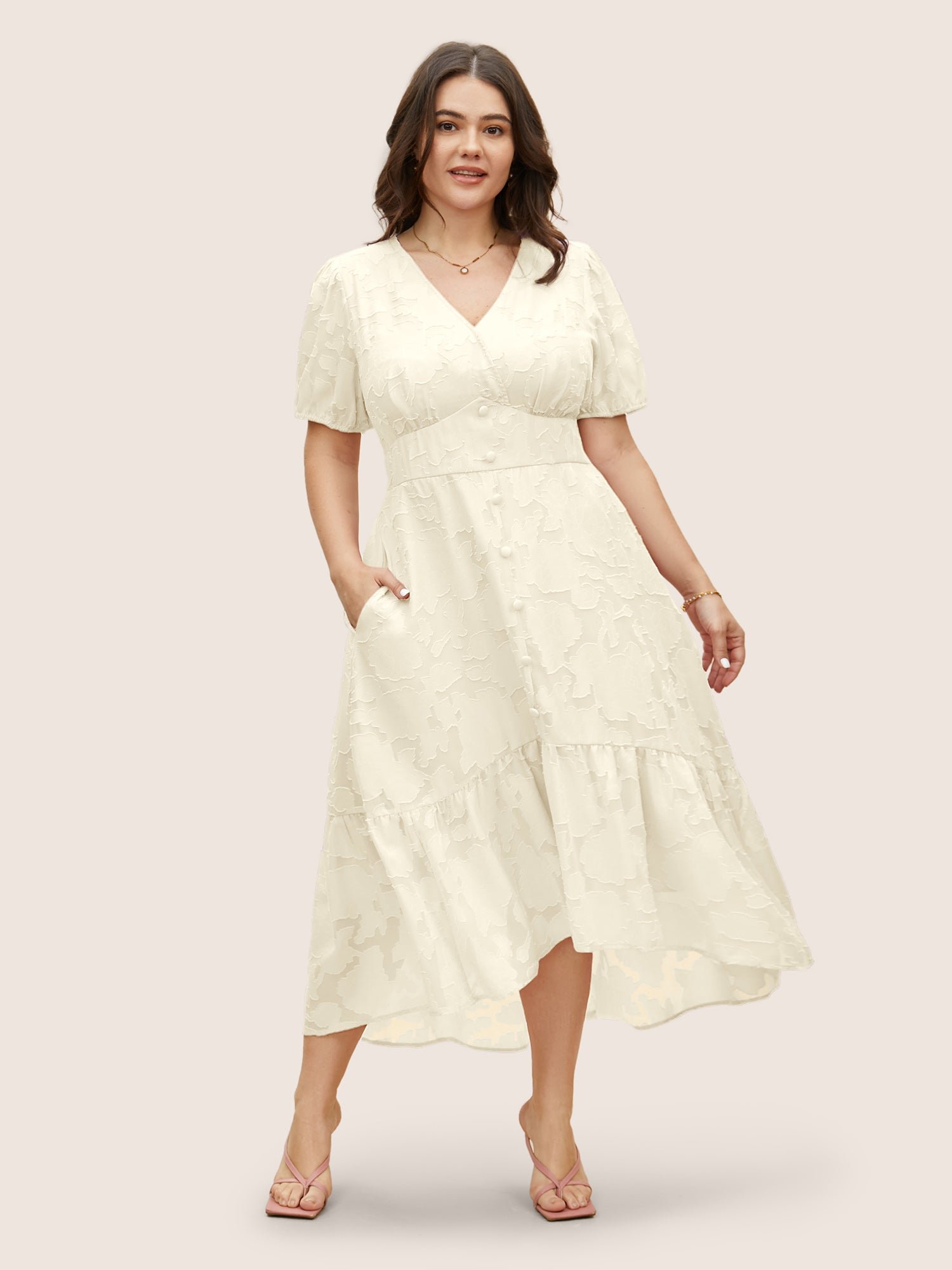 Solid Textured Lantern Sleeve Button Detail Dress - Image 10