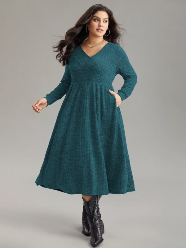 Rib Knit Plain Plisse Long Sleeve Dress - Image 21