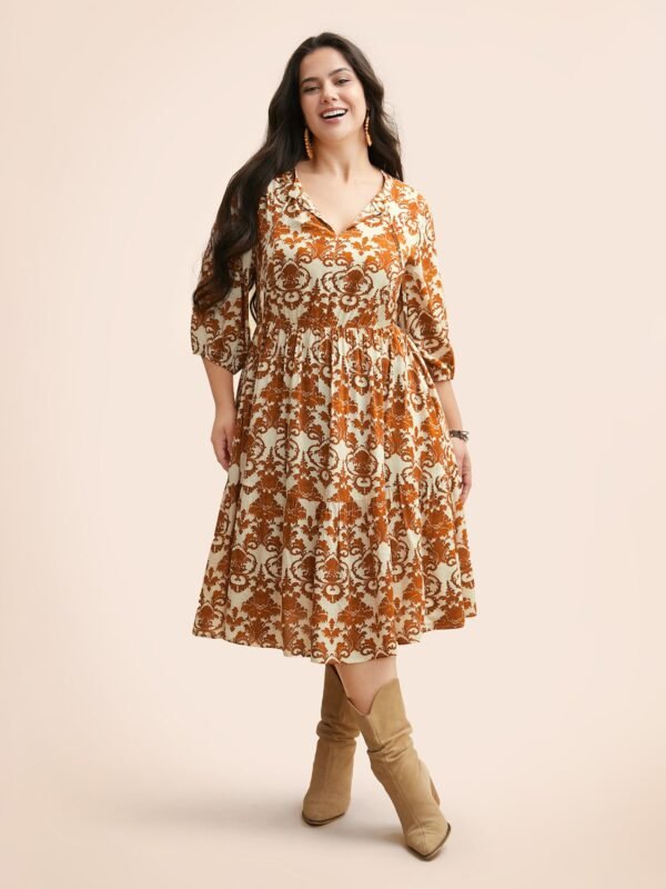 Boho Print Tie Knot Puff Sleeve Dress - Image 23