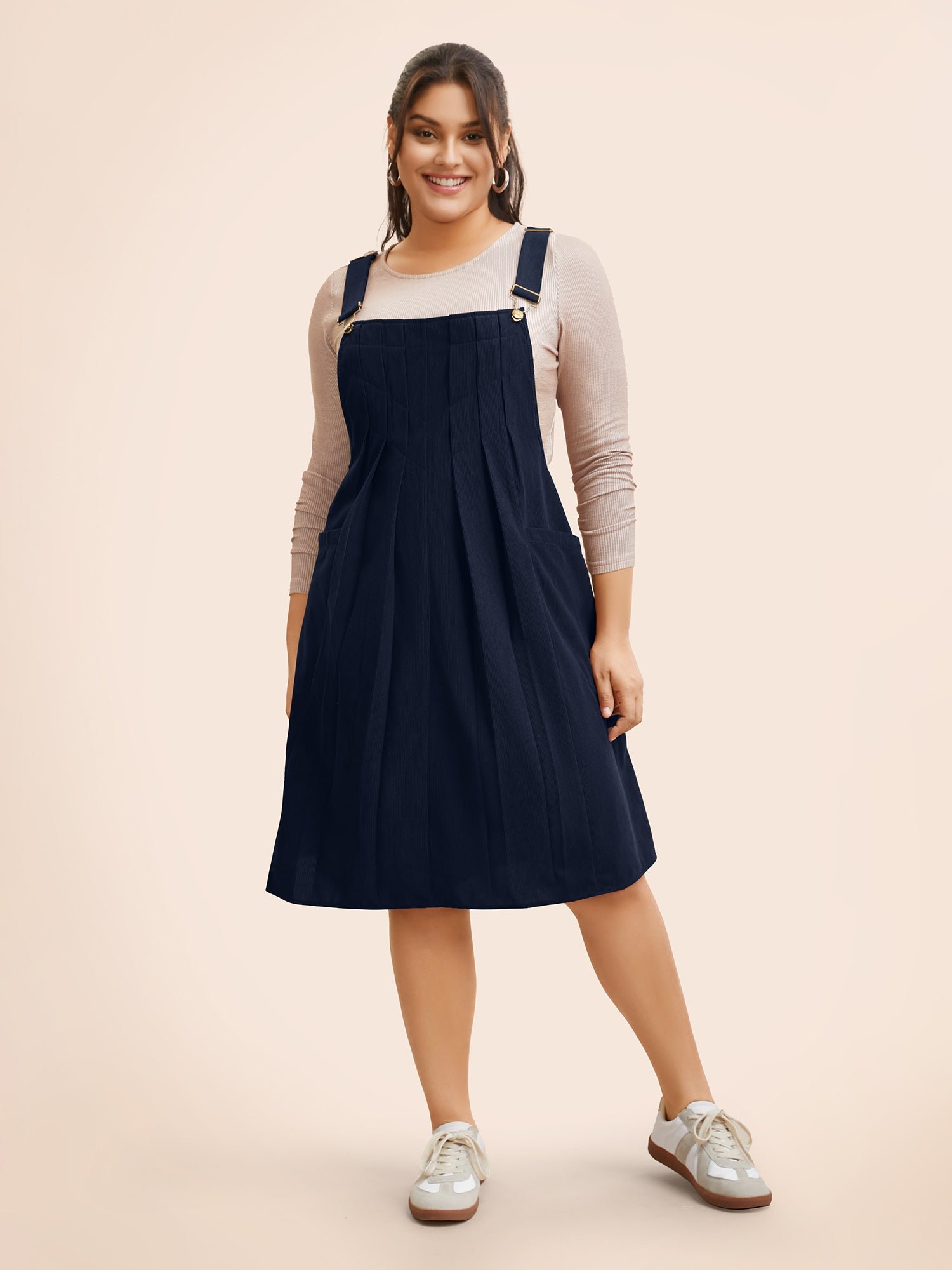 Solid Corduroy Pleated Overall Dress - Image 14