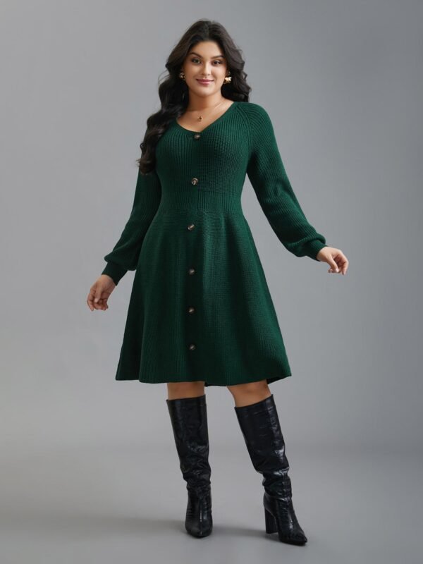 Raglan Sleeve Textured Button Detailing Dress - Image 3