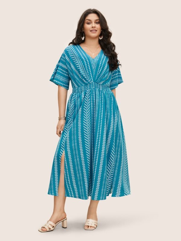 Solid Geometric Dolman Sleeve Pocket Shirred Split Hem Dress - Image 34