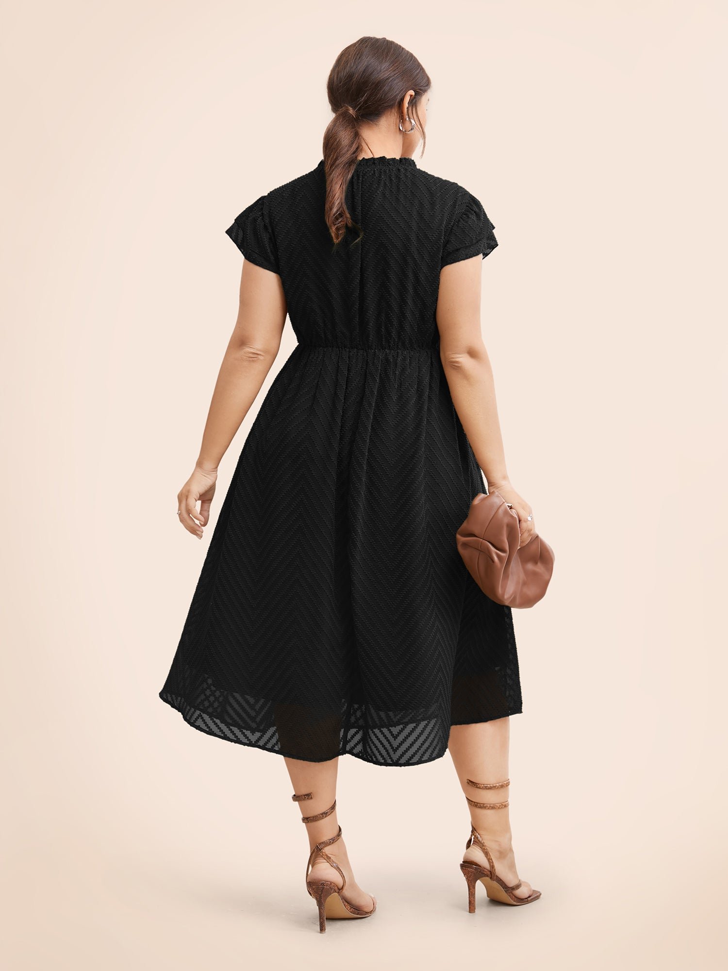Plain Geometric Layered Sleeve Pocket Ruffle Mock Neck Dress - Image 4