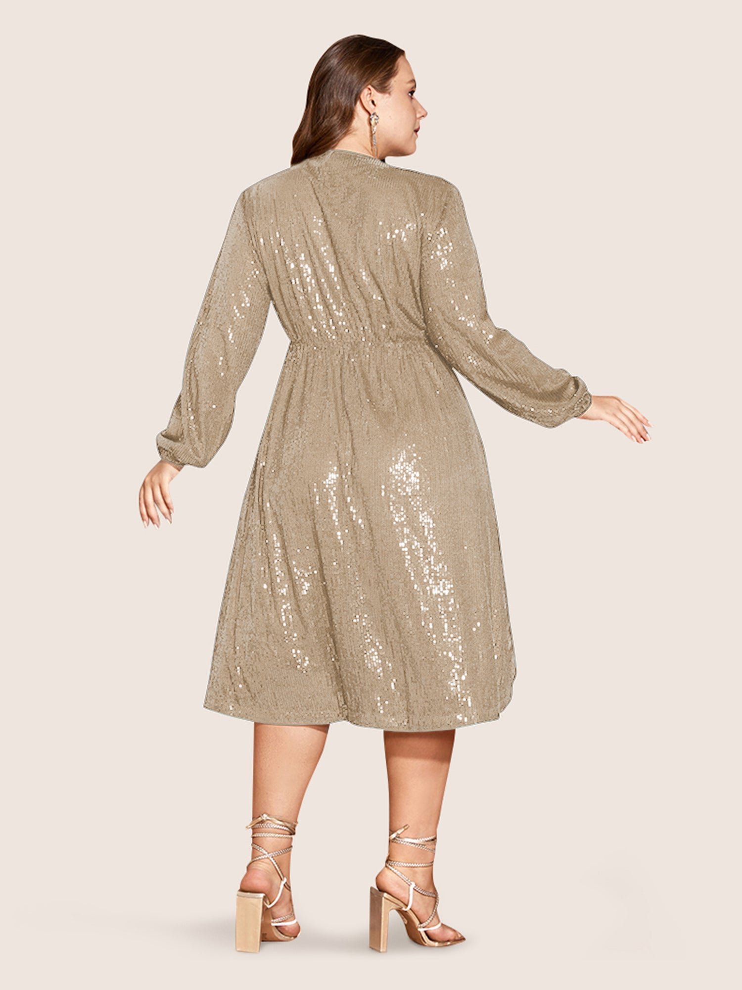 Solid Pocket Lantern Sleeve Wrap Sequin Dress - Image 20