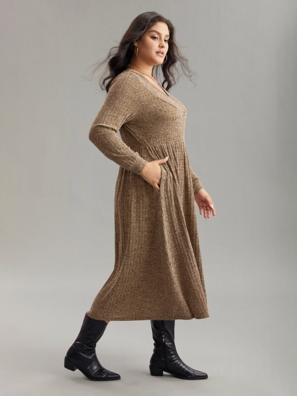 Rib Knit Plain Plisse Long Sleeve Dress - Image 50