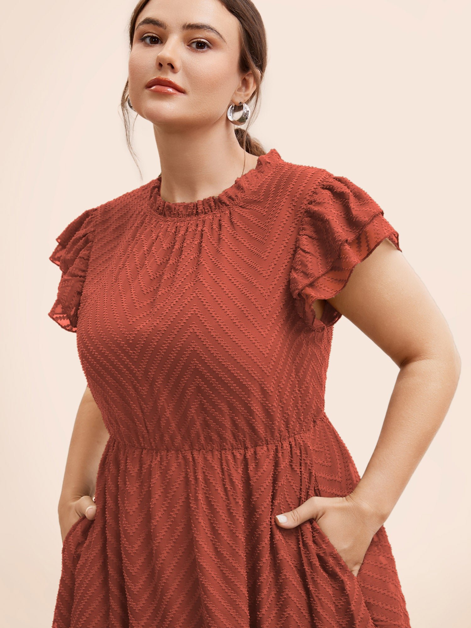 Plain Geometric Layered Sleeve Pocket Ruffle Mock Neck Dress - Image 17
