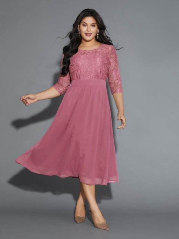 Lace Patchwork Shirred Midi Pocket Dress - Image 21