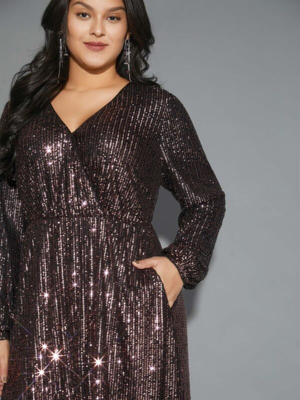 Solid Pocket Lantern Sleeve Wrap Sequin Dress - Image 23
