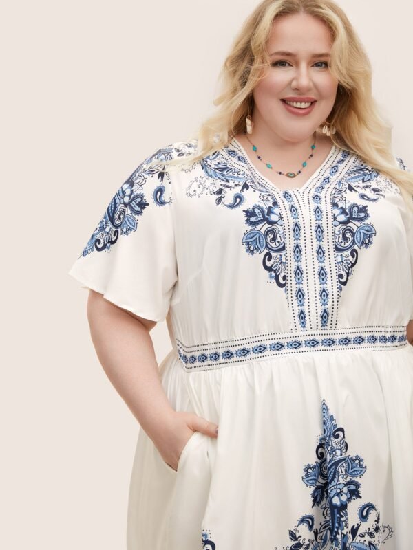 Bandana Print Ruffle Sleeve V Neck Pocket Knee Dress - Image 9