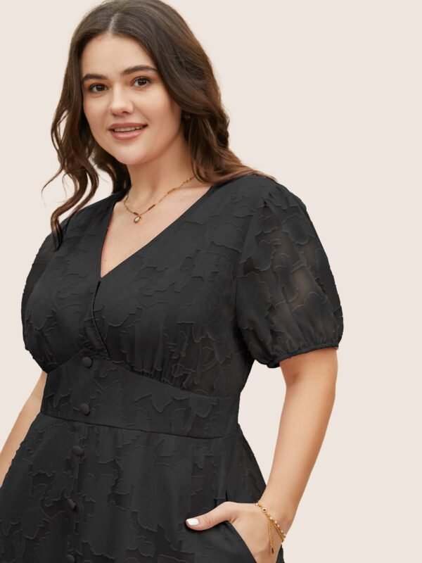 Solid Textured Lantern Sleeve Button Detail Dress - Image 7