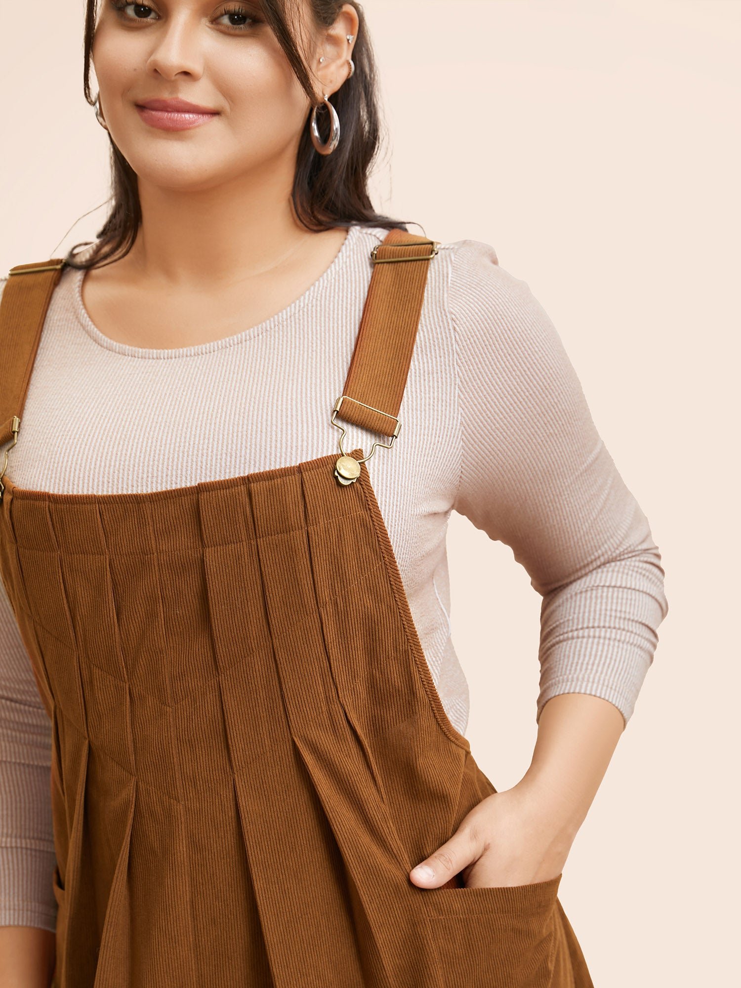 Solid Corduroy Pleated Overall Dress - Image 8