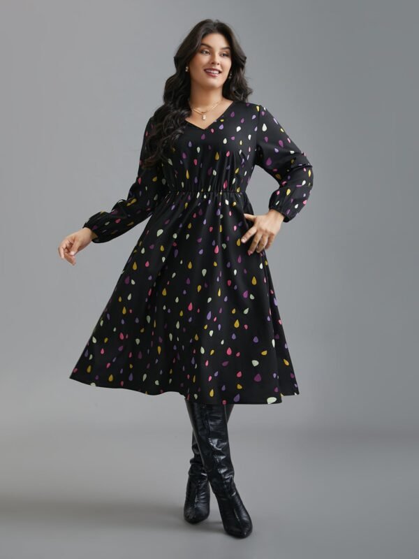 V Neck Color Contrast Lantern Sleeve Dress