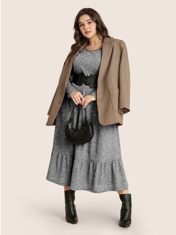 Solid Pocket Rib Knit Ruffle Hem Dress Without Belt - Image 58
