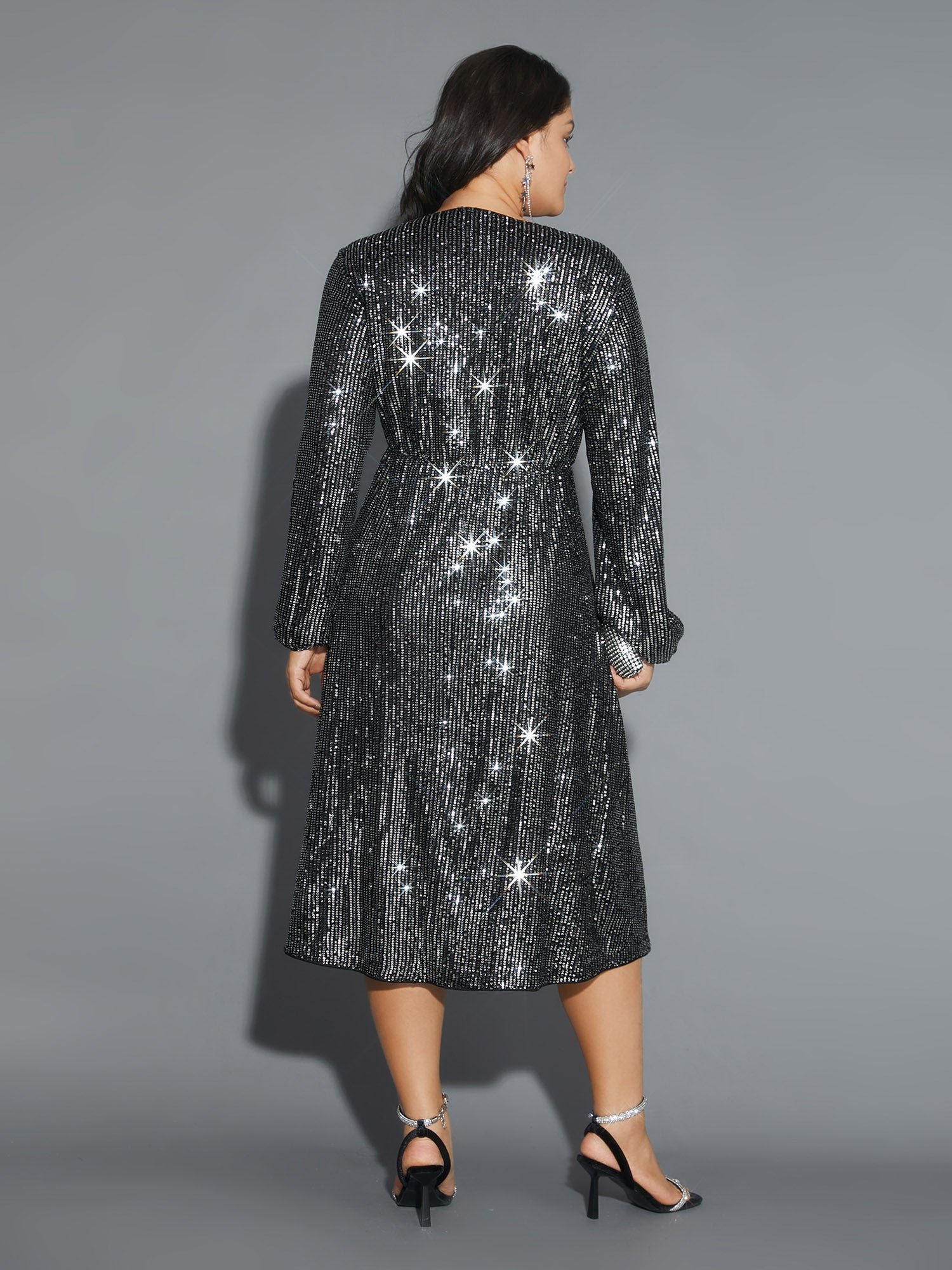 Solid Pocket Lantern Sleeve Wrap Sequin Dress - Image 12