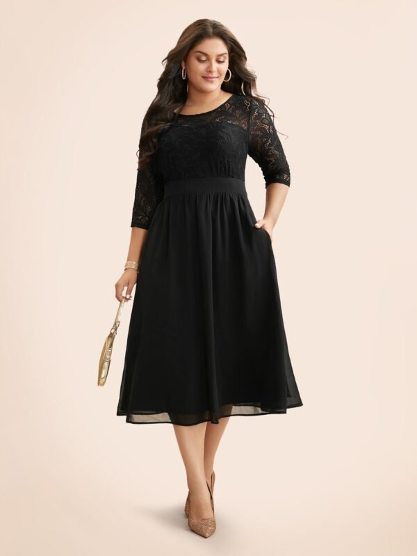 Lace Patchwork Shirred Midi Pocket Dress - Image 2