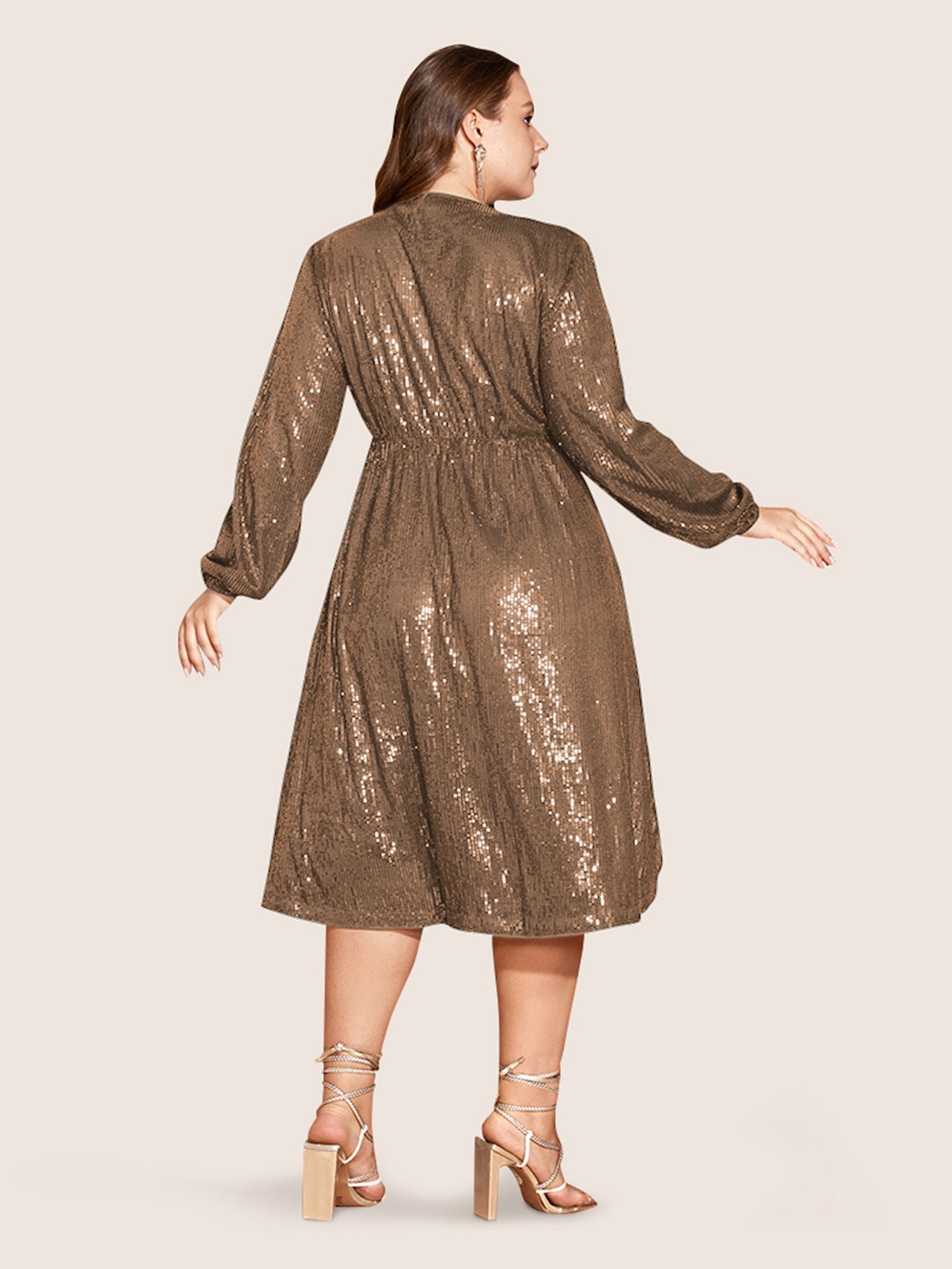 Solid Pocket Lantern Sleeve Wrap Sequin Dress - Image 32