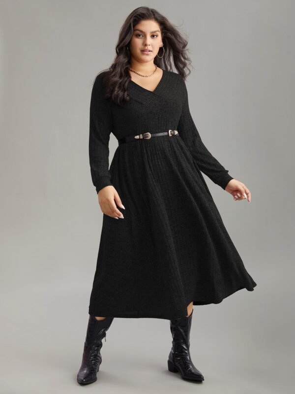 Rib Knit Plain Plisse Long Sleeve Dress - Image 30