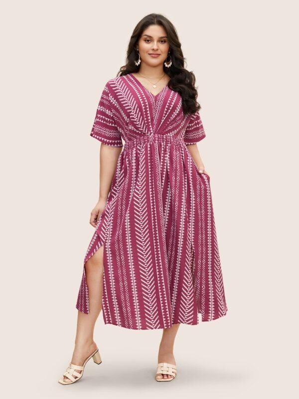 Solid Geometric Dolman Sleeve Pocket Shirred Split Hem Dress - Image 31