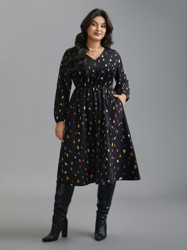 V Neck Color Contrast Lantern Sleeve Dress - Image 2