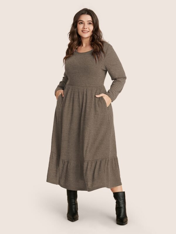 Solid Pocket Rib Knit Ruffle Hem Dress Without Belt - Image 65